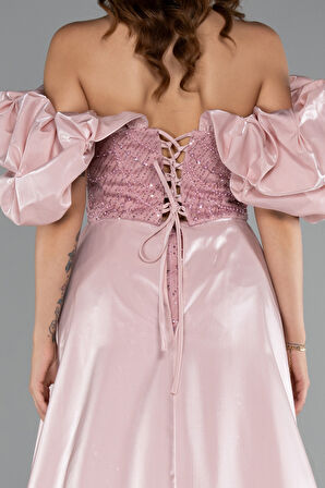 Kayık Yaka Saten Kuyruklu Uzun Boncuklu Abiye ABU5154