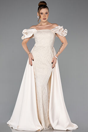 Kayık Yaka Uzun Boncuklu Büyük Beden Abiye ABU5155