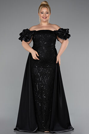 Kayık Yaka Uzun Boncuklu Büyük Beden Abiye ABU5155