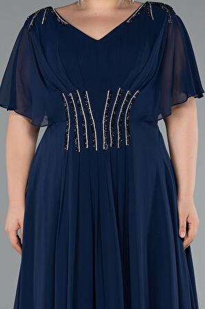 Kısa Kol V Yaka Şifon Uzun Büyük Beden Abiye ABU5159