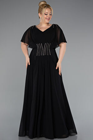 Kısa Kol V Yaka Şifon Uzun Büyük Beden Abiye ABU5159