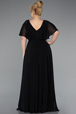 Kısa Kol V Yaka Şifon Uzun Büyük Beden Abiye ABU5159