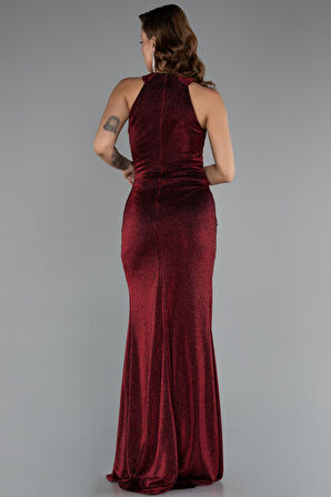 Halter Yaka Bacak Dekolteli Uzun Simli Abiye ABU5162