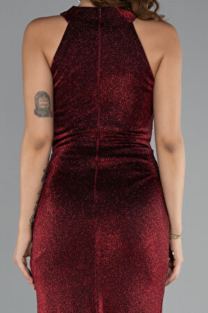 Halter Yaka Bacak Dekolteli Uzun Simli Abiye ABU5162