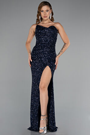 Straplez Yırtmaçlı Uzun Pul Payet Abiye Elbise ABU5166