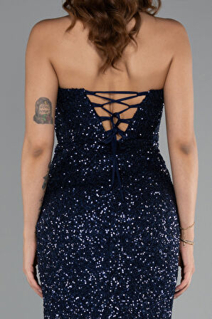 Straplez Yırtmaçlı Uzun Pul Payet Abiye Elbise ABU5166