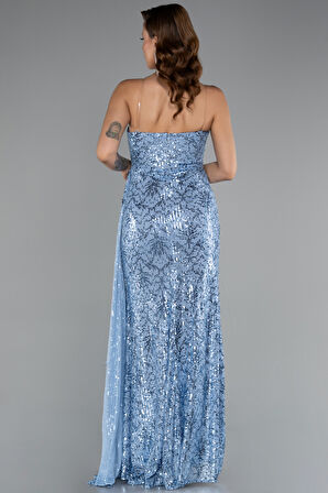 Straplez Yırtmaçlı Uzun Pullu Abiye Elbise ABU5167