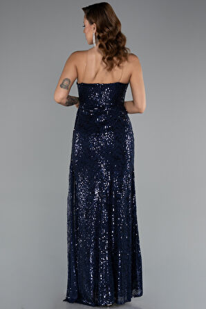 Straplez Yırtmaçlı Uzun Pullu Abiye Elbise ABU5167