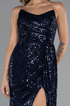 Straplez Yırtmaçlı Uzun Pullu Abiye Elbise ABU5167