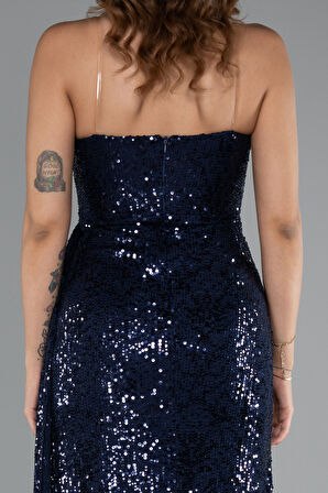 Straplez Yırtmaçlı Uzun Pullu Abiye Elbise ABU5167