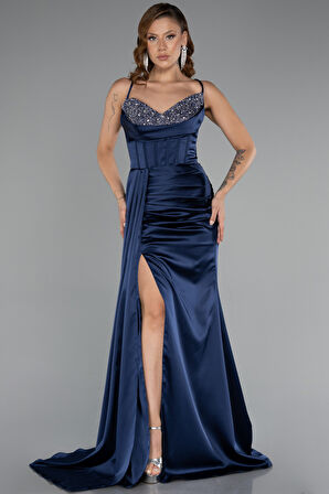 Göğsü Taşlı Yırtmaçlı Uzun Saten Abiye ABU5171