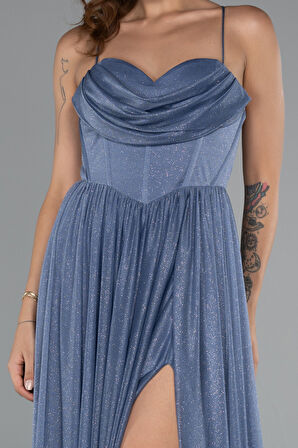 Bacak Dekolteli Balenli Uzun Simli Abiye Elbise ABU5175