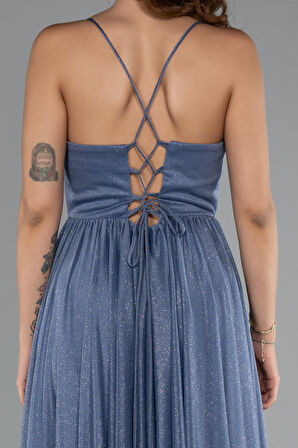 Bacak Dekolteli Balenli Uzun Simli Abiye Elbise ABU5175