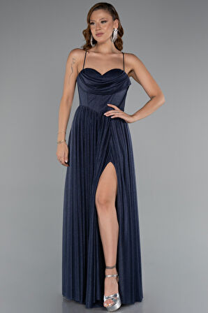 Bacak Dekolteli Balenli Uzun Simli Abiye Elbise ABU5175