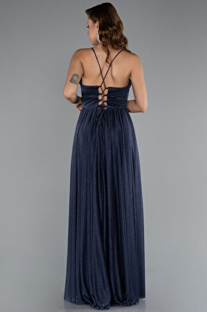 Bacak Dekolteli Balenli Uzun Simli Abiye Elbise ABU5175