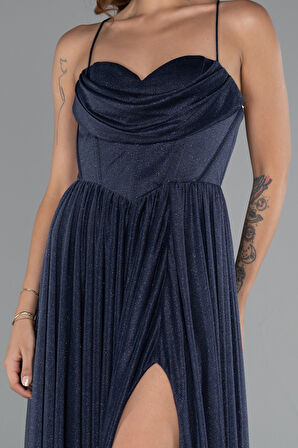 Bacak Dekolteli Balenli Uzun Simli Abiye Elbise ABU5175