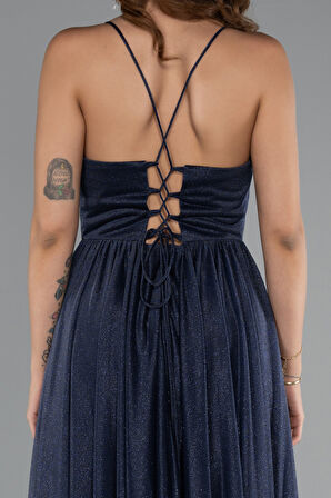 Bacak Dekolteli Balenli Uzun Simli Abiye Elbise ABU5175