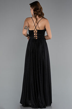 Bacak Dekolteli Balenli Uzun Simli Abiye Elbise ABU5175