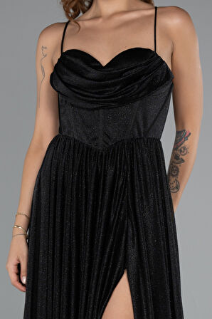 Bacak Dekolteli Balenli Uzun Simli Abiye Elbise ABU5175