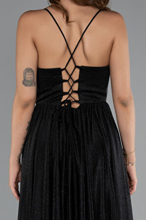 Bacak Dekolteli Balenli Uzun Simli Abiye Elbise ABU5175