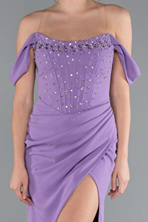 Taşlı Kayık Yaka Yırtmaçlı Uzun Abiye ABU5176