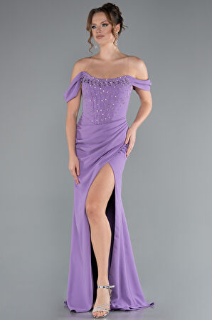 Taşlı Kayık Yaka Yırtmaçlı Uzun Abiye ABU5176