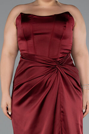 Straplez Yırtmaçlı Uzun Saten Büyük Beden Abiye ABU5179