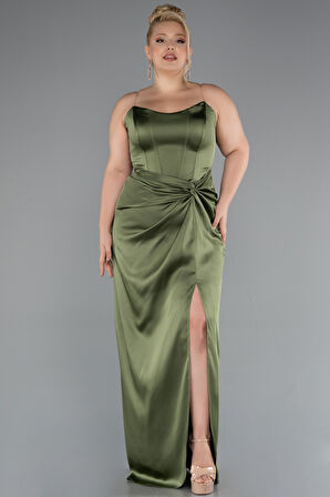 Straplez Yırtmaçlı Uzun Saten Büyük Beden Abiye ABU5179