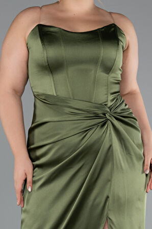 Straplez Yırtmaçlı Uzun Saten Büyük Beden Abiye ABU5179