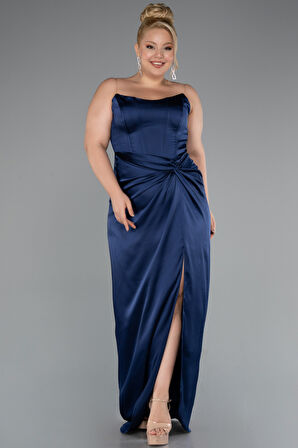 Straplez Yırtmaçlı Uzun Saten Büyük Beden Abiye ABU5179