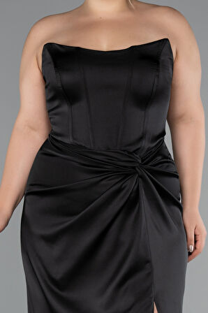 Straplez Yırtmaçlı Uzun Saten Büyük Beden Abiye ABU5179