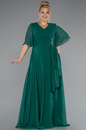 Kısa Kol V Yaka Uzun Şifon Büyük Beden Abiye ABU5180