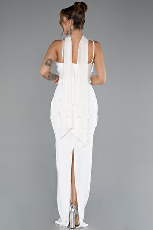 Askılı Üç Boyut Çiçekli Şallı Uzun Abiye Elbise ABU5181