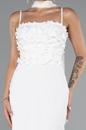 Askılı Üç Boyut Çiçekli Şallı Uzun Abiye Elbise ABU5181