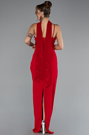 Askılı Üç Boyut Çiçekli Şallı Uzun Abiye Elbise ABU5181