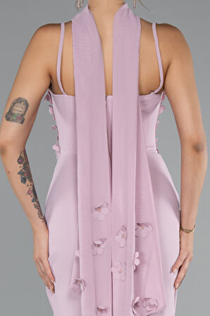 Askılı Üç Boyut Çiçekli Şallı Uzun Abiye Elbise ABU5181