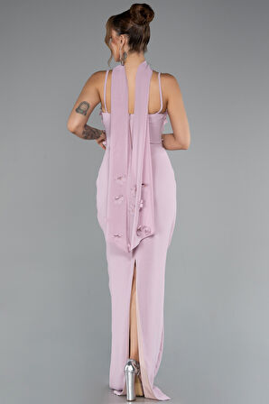 Askılı Üç Boyut Çiçekli Şallı Uzun Abiye Elbise ABU5181