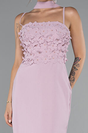 Askılı Üç Boyut Çiçekli Şallı Uzun Abiye Elbise ABU5181