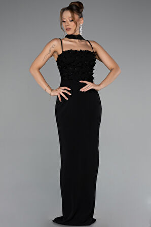 Askılı Üç Boyut Çiçekli Şallı Uzun Abiye Elbise ABU5181