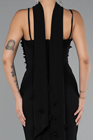 Askılı Üç Boyut Çiçekli Şallı Uzun Abiye Elbise ABU5181