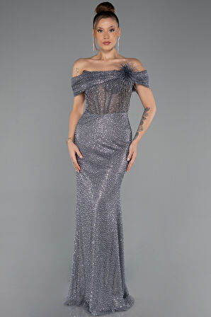 Kayık Yaka Taşlı Uzun Özel Tasarım Abiye ABU5183