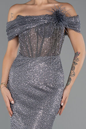 Kayık Yaka Taşlı Uzun Özel Tasarım Abiye ABU5183