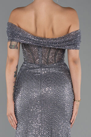 Kayık Yaka Taşlı Uzun Özel Tasarım Abiye ABU5183