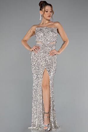 Straplez Bacak Yırtmaçlı Uzun Pul Payet Abiye ABU5185