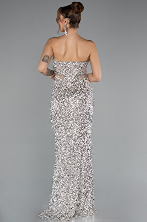 Straplez Bacak Yırtmaçlı Uzun Pul Payet Abiye ABU5185