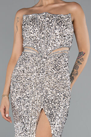 Straplez Bacak Yırtmaçlı Uzun Pul Payet Abiye ABU5185