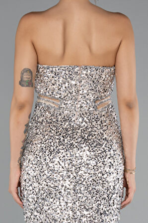 Straplez Bacak Yırtmaçlı Uzun Pul Payet Abiye ABU5185