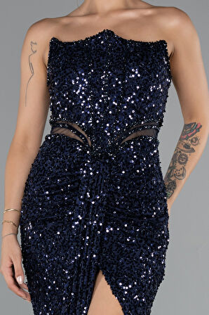 Straplez Bacak Yırtmaçlı Uzun Pul Payet Abiye ABU5185