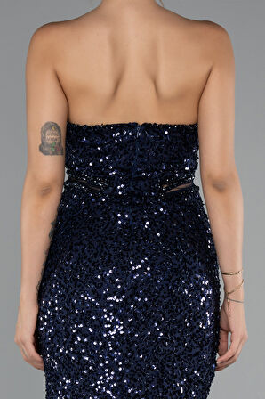 Straplez Bacak Yırtmaçlı Uzun Pul Payet Abiye ABU5185