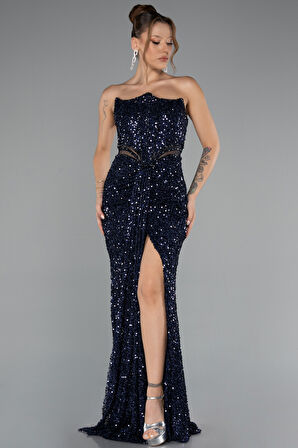 Straplez Bacak Yırtmaçlı Uzun Pul Payet Abiye ABU5185